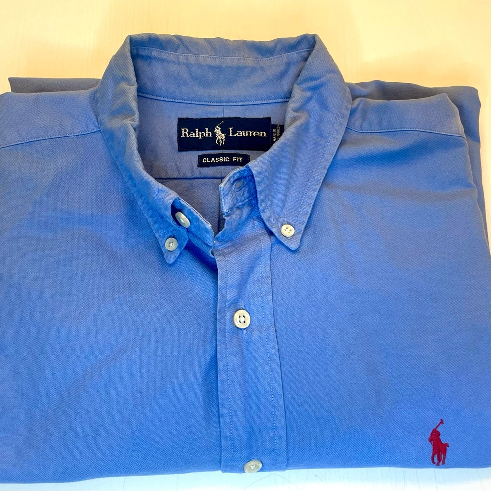 Mens Ralph Lauren Blue with Red Pony Cotton Button Down Size L
